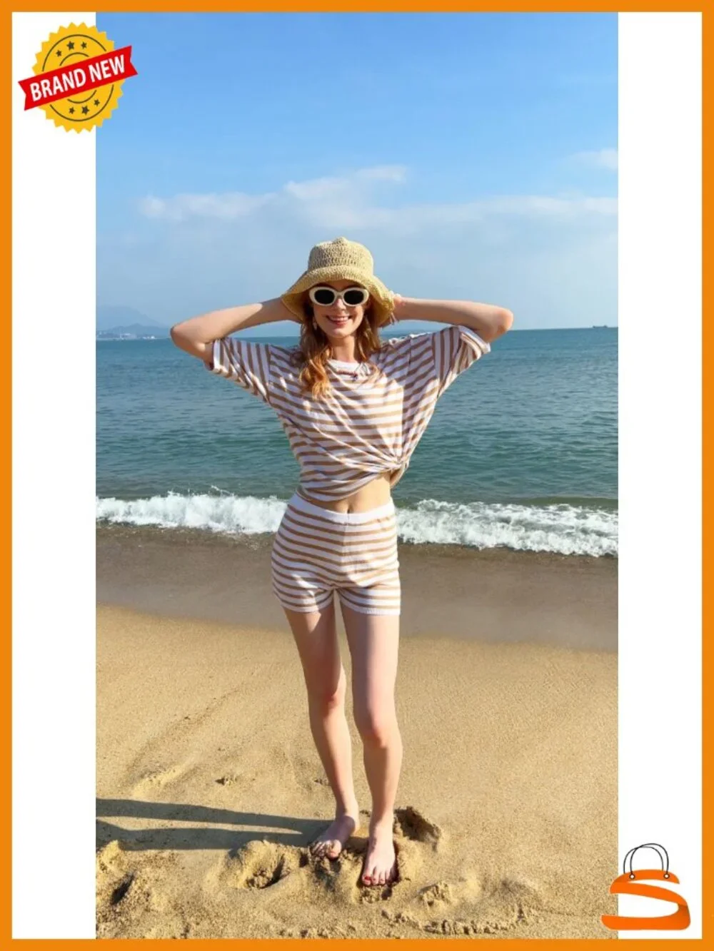 Women's 2 Piece Summer Lounge Set Striped Short Sleeve Top & Shorts